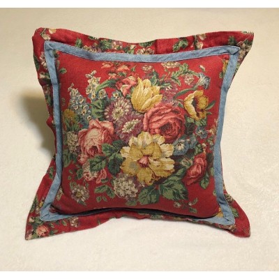 Red Floral Flower Pattern Throw Pillow Ralph Lauren-esque Denim Canvas Country   163202753859